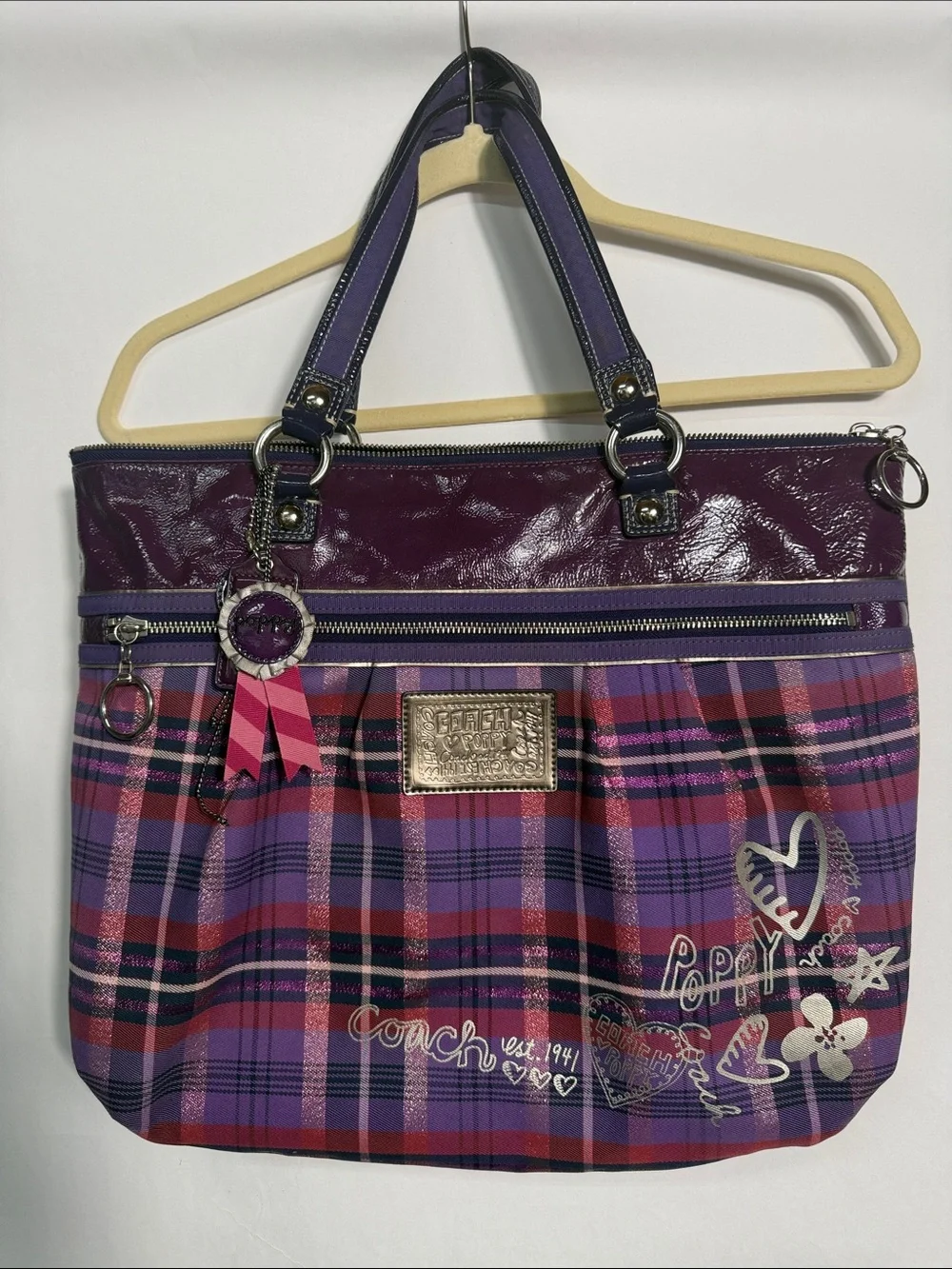 Coach | Bags | Coach Poppy Tartan Glam Tote Purple Plaid Patent